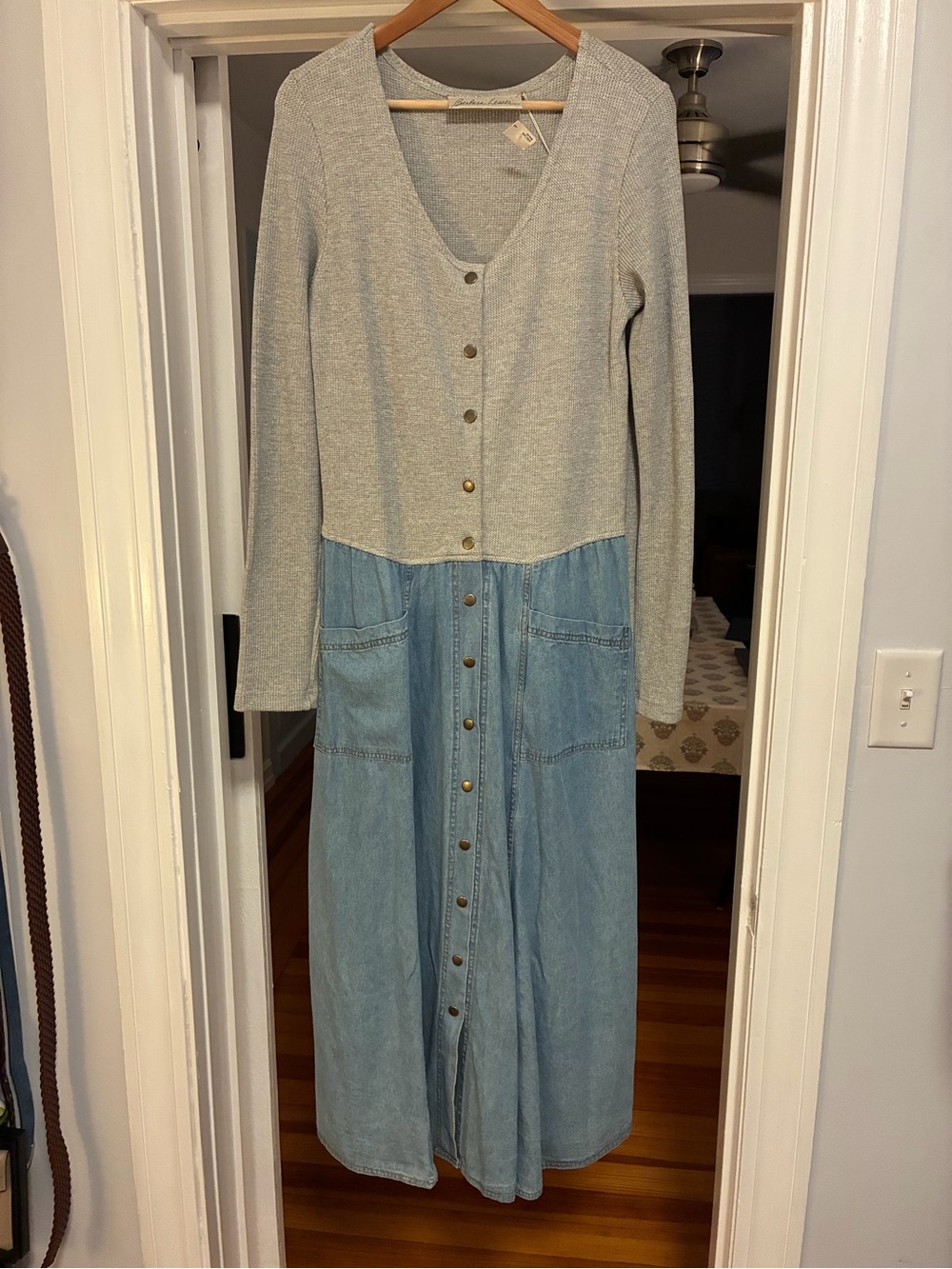 Vintage Two-Tone Midi Dress with Knit Bodice and Denim Skirt